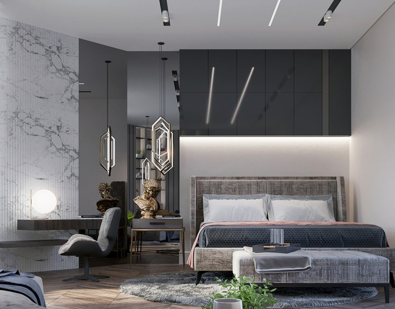 Phòng ngủ rộng rãi trang trí thêm tượng và cây xanh thể hiện đẳng cấp cho người thành đạt.