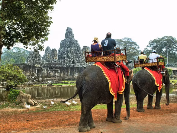 Du khách cưỡi voi ở khu Angkor - Ảnh: CNN