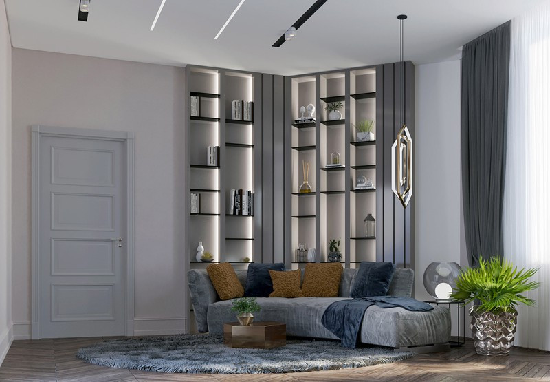 Kệ trang trí phía sau là nơi trưng bày những món đồ mà chủ nhà yêu thích.