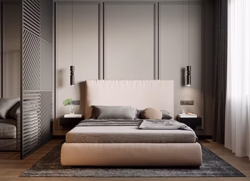 Chiếc giường ngủ gợi lên sự mát mẻ, nhẹ nhàng trong một căn phòng trung tính.