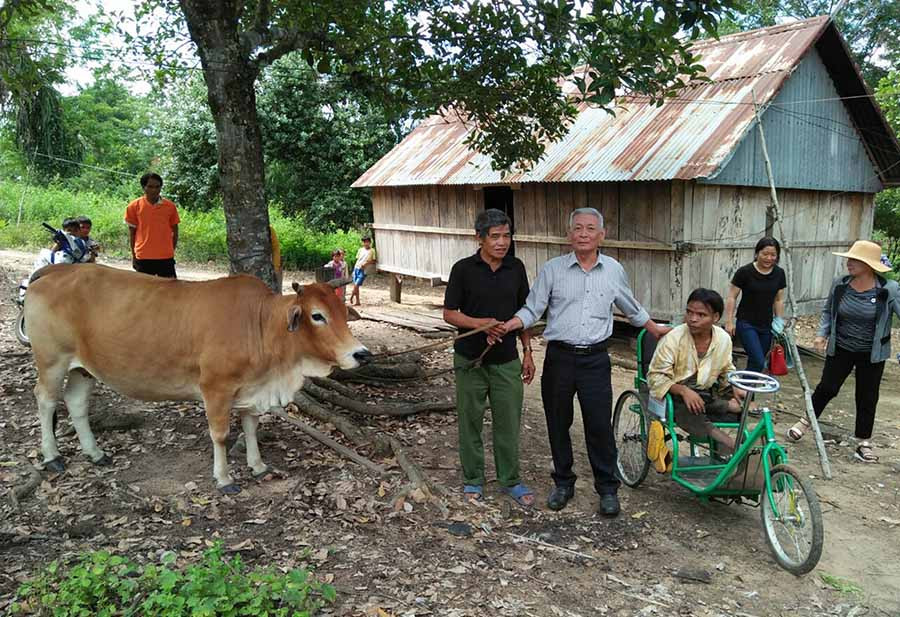  Hội Bảo trợ người khuyết tật và Bảo vệ quyền trẻ em tỉnh tặng bò sinh sản cho gia đình anh Đinh Trỡc (xã Chư Krêy, huyện Kông Chro). Ảnh: H.P