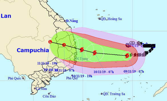  Sơ đồ dự báo hướng đi bão số 6 sáng 9-11 - Ảnh: Trung tâm Dự báo khí tượng thủy văn quốc gia