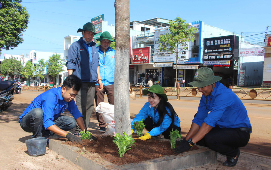 Đoàn viên thanh niên trồng hoa trên vỉa hè đường Hùng Vương. Ảnh Phan Lài