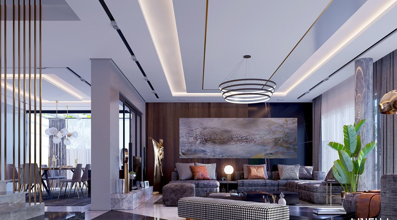 Sàn nhà ốp đá cùng trần thạch cao góp phần tăng độ sáng và sang cho công trình.