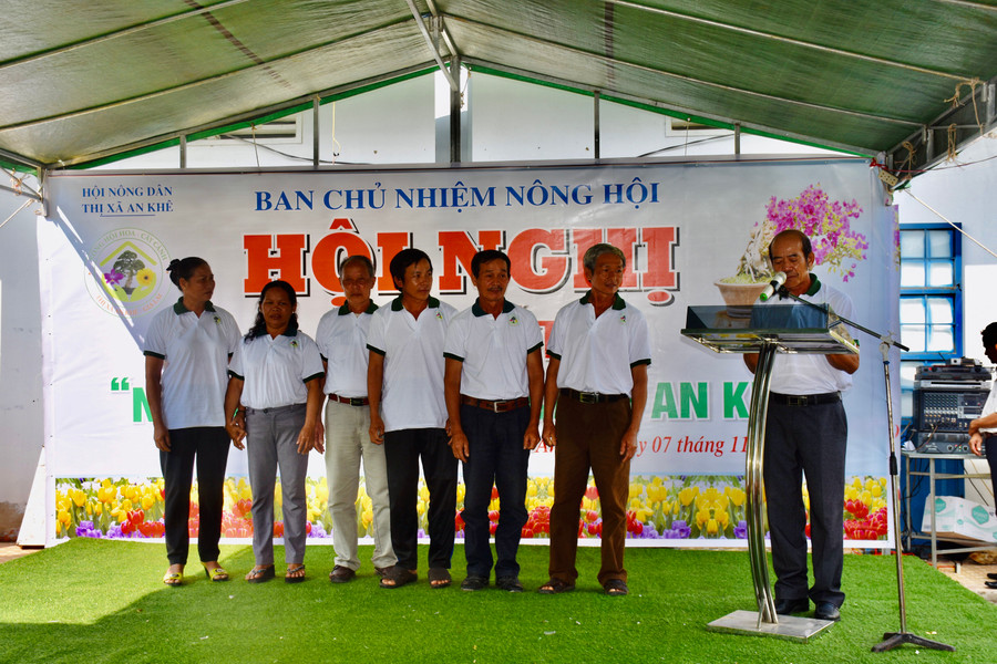 Thành viên Ban chủ nhiệm Nông hội hoa, cây cảnh An Khê ra mắt. Ảnh: Trần Dung