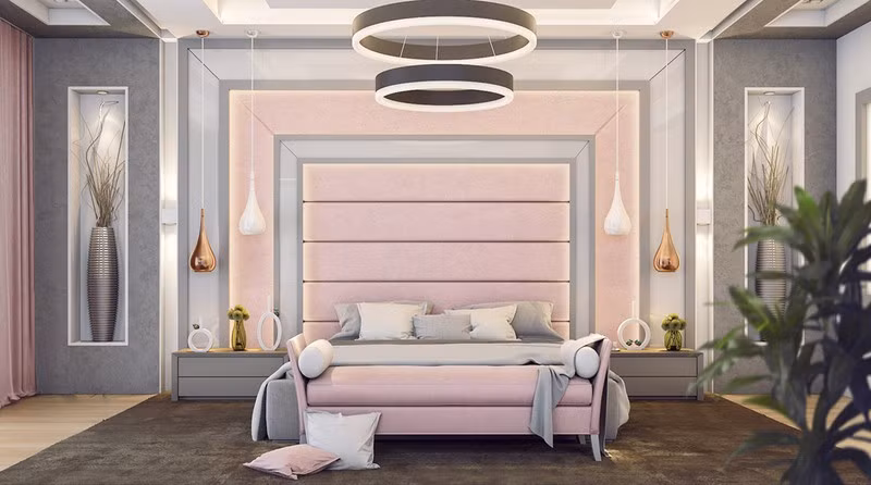 Bức tường đầu giường đặt trong 3 khung khác nhau tạo thêm chiều sâu cho căn phòng.