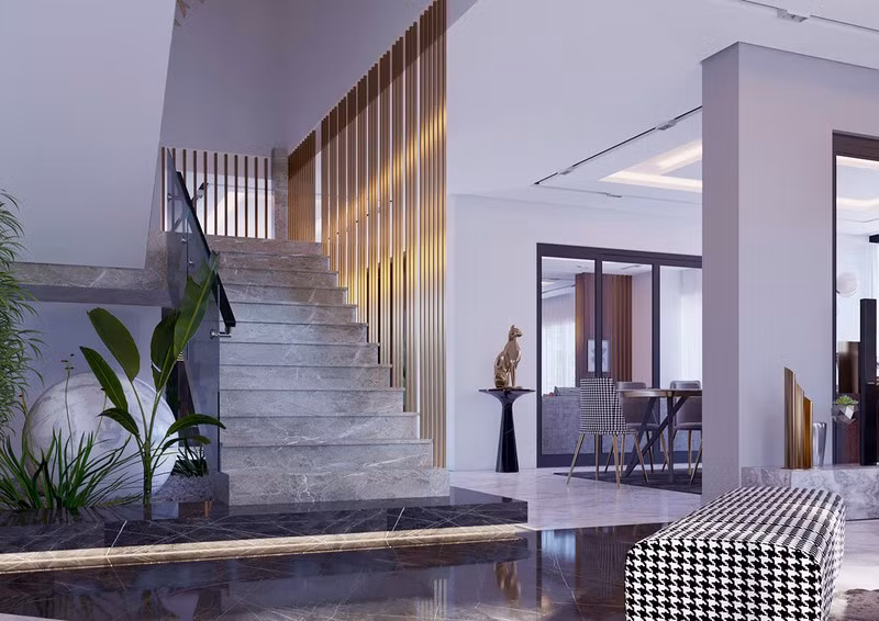 Ngoài sàn nhà, cầu thang cũng được làm bằng đá vừa sạch sẽ lại sang trọng.