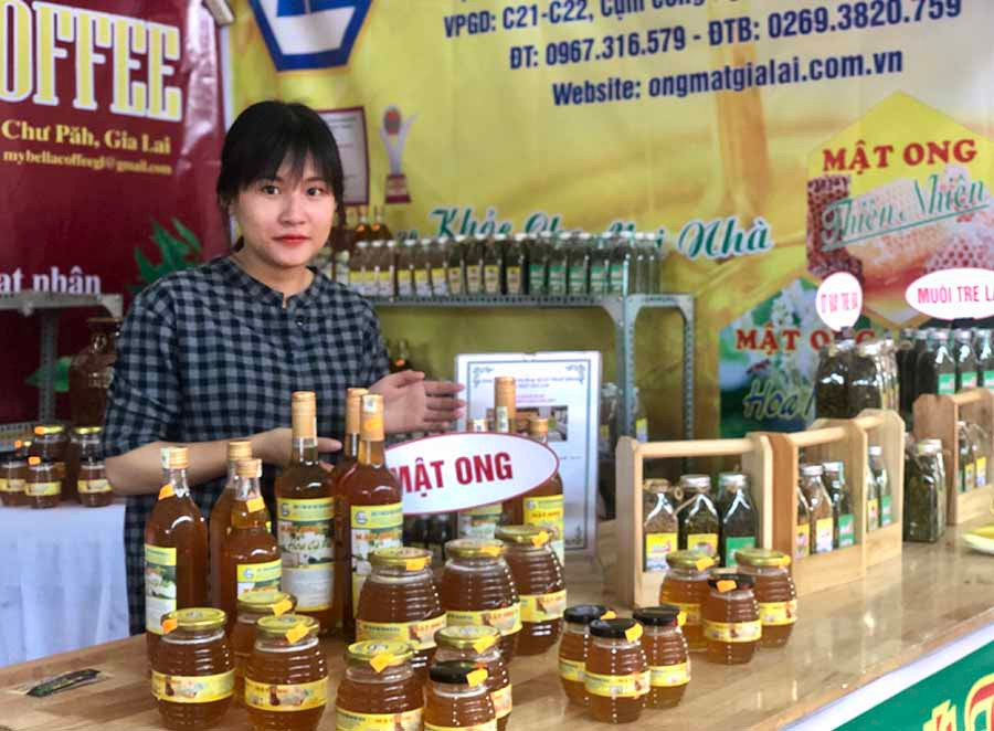 Sản phẩm mật ong Gia Lai trưng bày tại hoạt động “Trình diễn, giới thiệu công nghệ và sản phẩm làng nghề vùng Tây Nguyên”. Ảnh: Q.T
