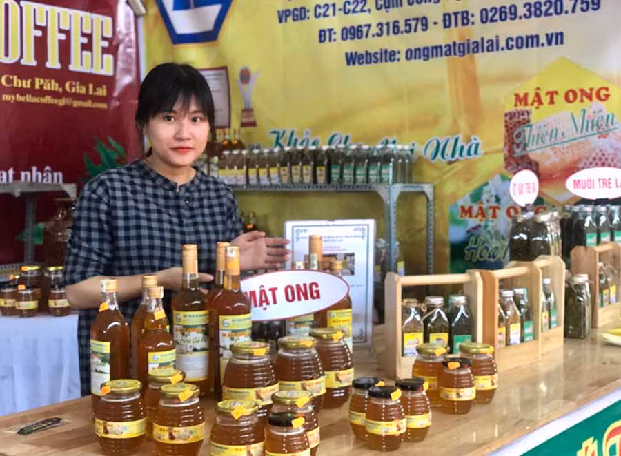 Sản phẩm mật ong Gia Lai trưng bày tại hoạt động “Trình diễn, giới thiệu công nghệ và sản phẩm làng nghề vùng Tây Nguyên”. Ảnh: Q.T