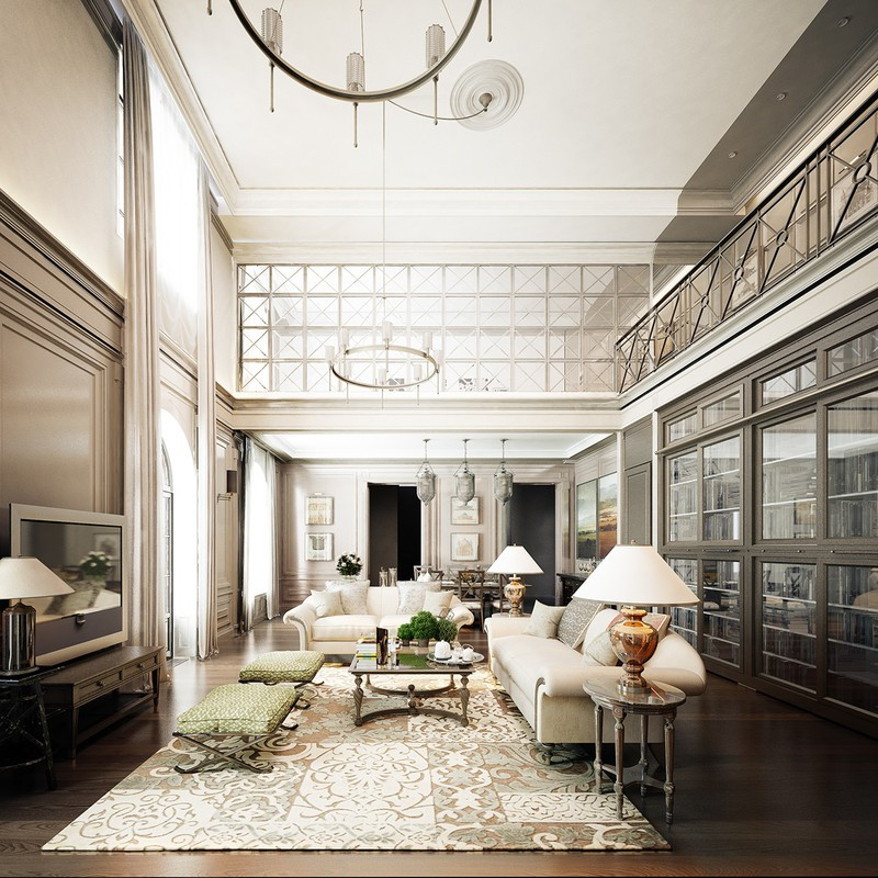  Tủ kính khung gỗ, đặt theo chiều cao của khoảng thông tầng nhằm thỏa mãn niềm đam mê đọc sách của gia chủ.