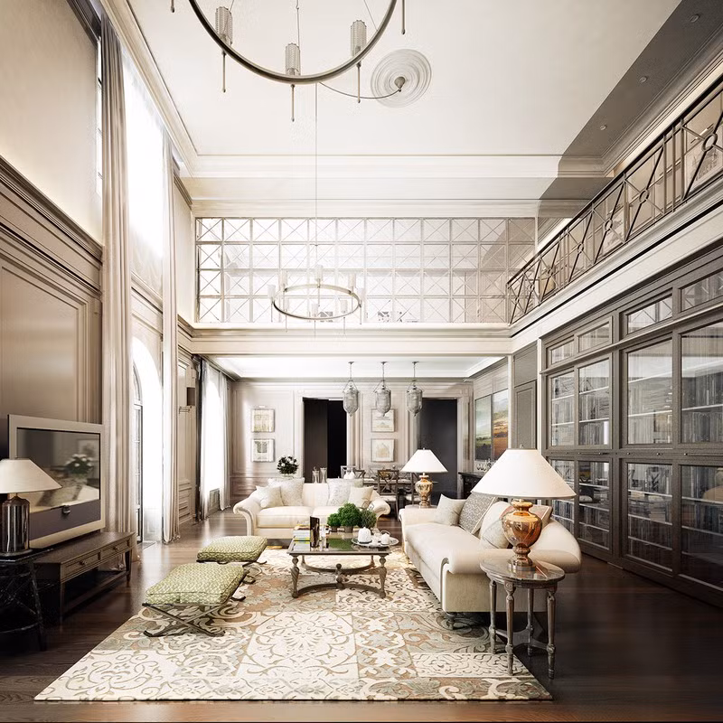  Tủ kính khung gỗ, đặt theo chiều cao của khoảng thông tầng nhằm thỏa mãn niềm đam mê đọc sách của gia chủ.