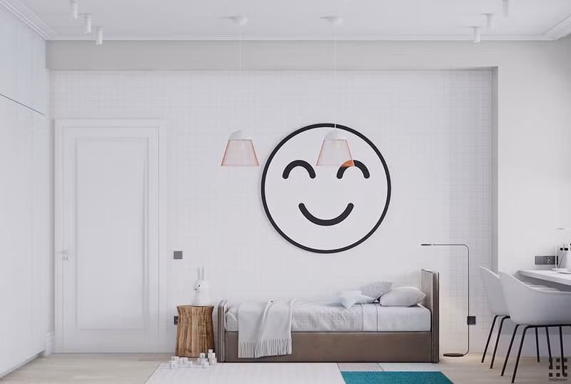 Một khuôn mặt cười chào đón chúng ta trong phòng ngủ trẻ em. Giường của hai đứa trẻ được đặt ở vị trí trung tâm, dọc theo các bức tường để mở đường đến chiếc bàn học gần cửa sổ.