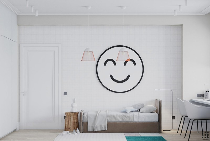 Một khuôn mặt cười chào đón chúng ta trong phòng ngủ trẻ em. Giường của hai đứa trẻ được đặt ở vị trí trung tâm, dọc theo các bức tường để mở đường đến chiếc bàn học gần cửa sổ.