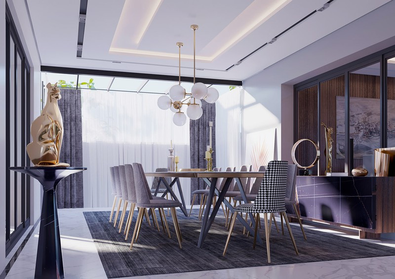 Phòng ăn thiết kế theo kiểu kiến trúc mở với tường kính thông lên tận mái, tăng cường ánh sáng cho căn phòng.