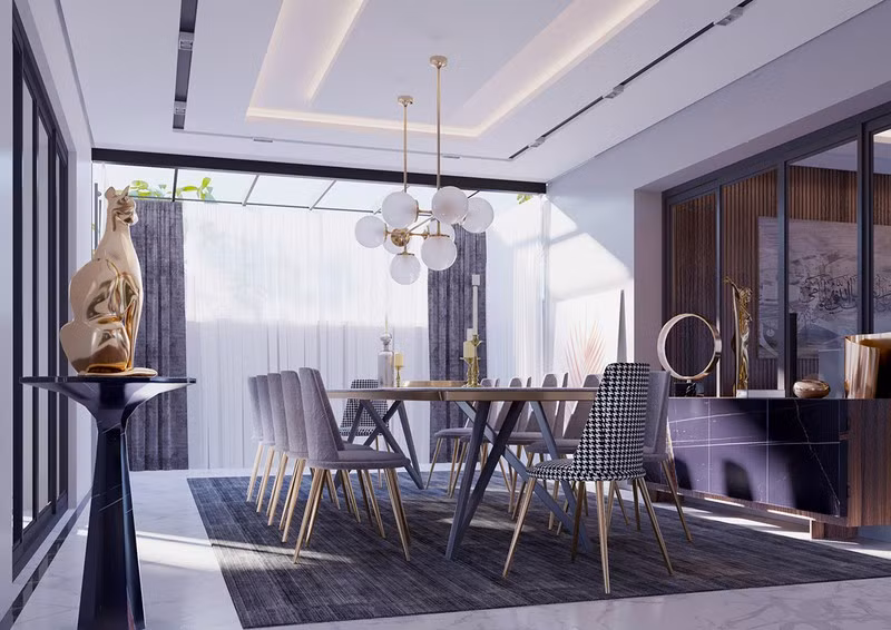 Phòng ăn thiết kế theo kiểu kiến trúc mở với tường kính thông lên tận mái, tăng cường ánh sáng cho căn phòng.