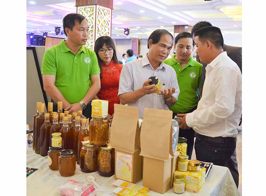  1 Chủ tịch UBND tỉnh Võ Ngọc Thành (thứ 3 từ trái sang) tham quan gian hàng của Câu lạc bộ Khởi nghiệp nông nghiệp Gia Lai. Ảnh: H.D