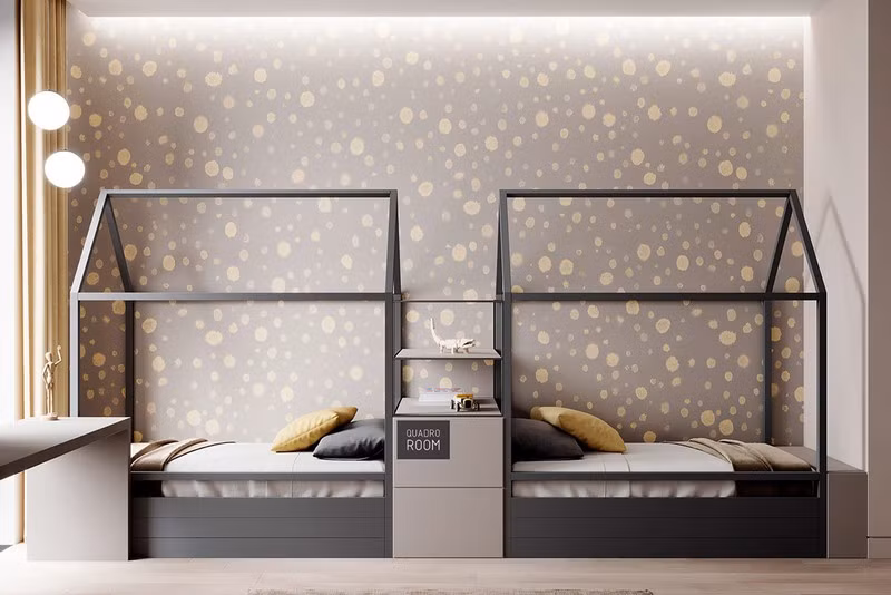 Hai chiếc giường đôi nằm đối diện nhau, thông một cái tủ và ngăn kéo được đặt ở giữa. Ngăn kéo dưới mỗi giường cũng cung cấp thêm không gian lưu trữ để mỗi đứa trẻ có nơi cất đồ đạc.