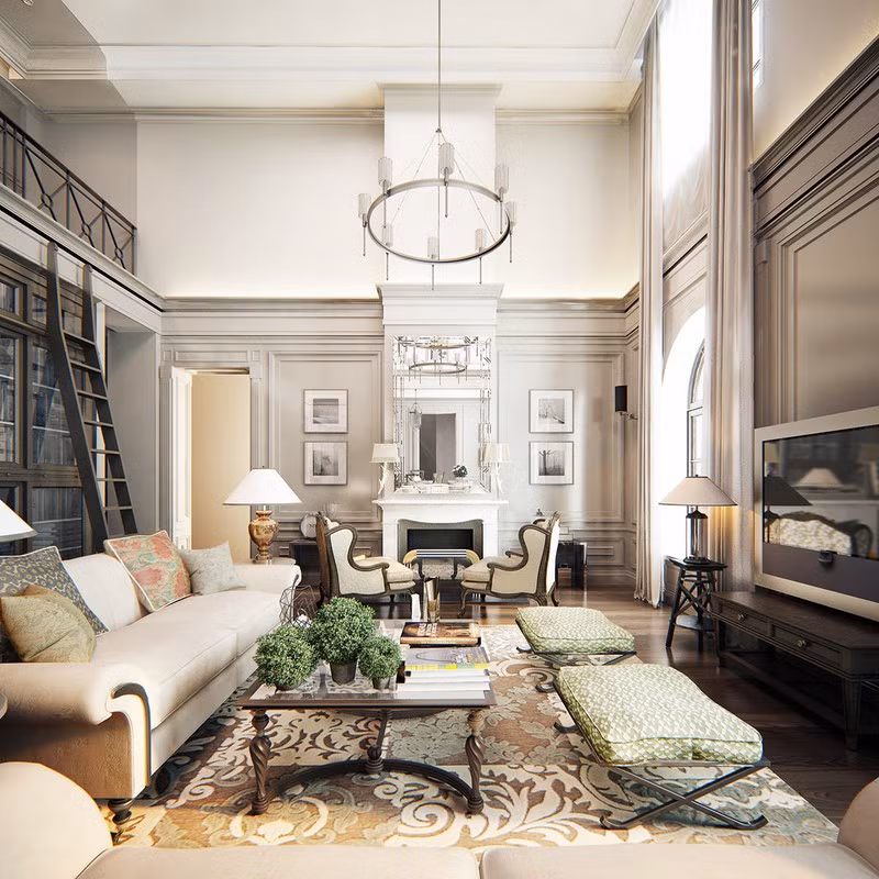  Phòng khách được đánh dấu trong một chiếc thảm trải sàn họa tiết sang trọng. Lò sưởi là vật trang trí cần thiết để làm nổi bật căn phòng phong cách tân cổ điển.