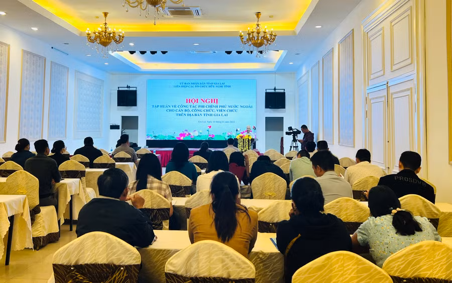 Quang cảnh hội nghị tập huấn về công tác phi chính phủ nước ngoài cho cán bộ, công chức, viên chức trên địa bàn tỉnh Gia Lai. Ảnh: Phan Lài