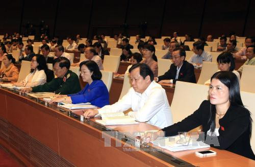 các đại biểu Quốc hội bấm nút biểu quyết thông qua Luật Tiếp cận thông tin. Ảnh: Phạm Kiên/TTXVN