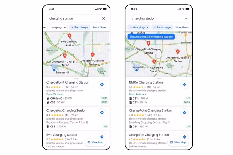 Giờ đây người dùng có thể tìm kiếm các trạm sạc nhanh cho xe điện trên Google Maps. Ảnh: Google