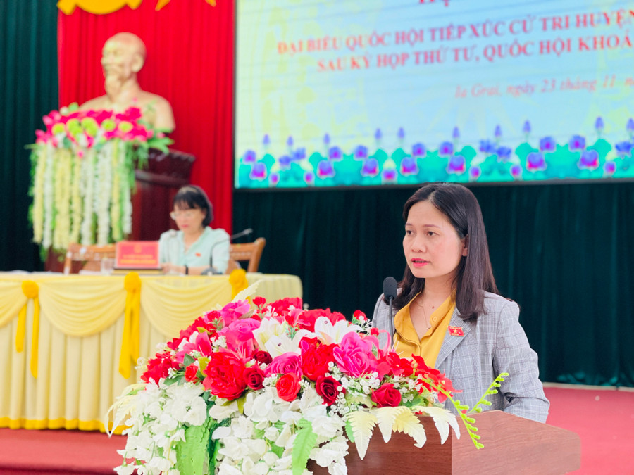 Bà Siu Hương-Tỉnh ủy viên, Phó Trưởng đoàn chuyên trách Đoàn đại biểu Quốc hội tỉnh phát biểu tại buổi tiếp xúc. Ảnh Trần: Dung