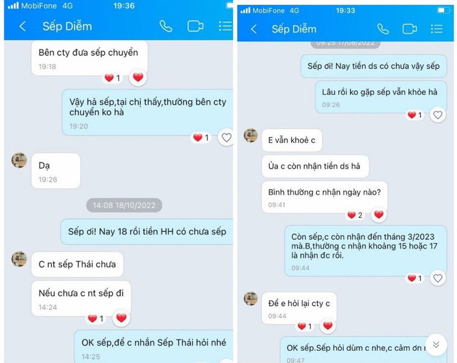 Chị H. nhắn tin cho quản lý tên Diễm đòi tiền doanh số mỗi tháng.