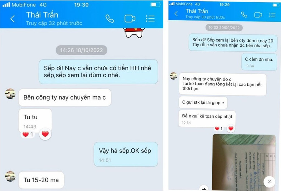 Chị H. nhắn tin cho Thái (người đứng đầu hệ thống) để đòi tiền doanh số bán hàng