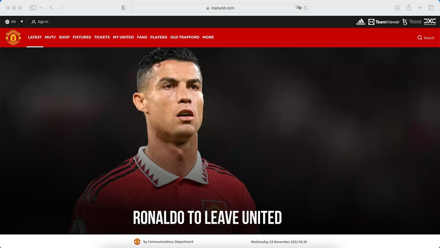 M.U đăng thông báo chia tay Ronaldo trên trang chủ của đội bóng. Ảnh: M.U