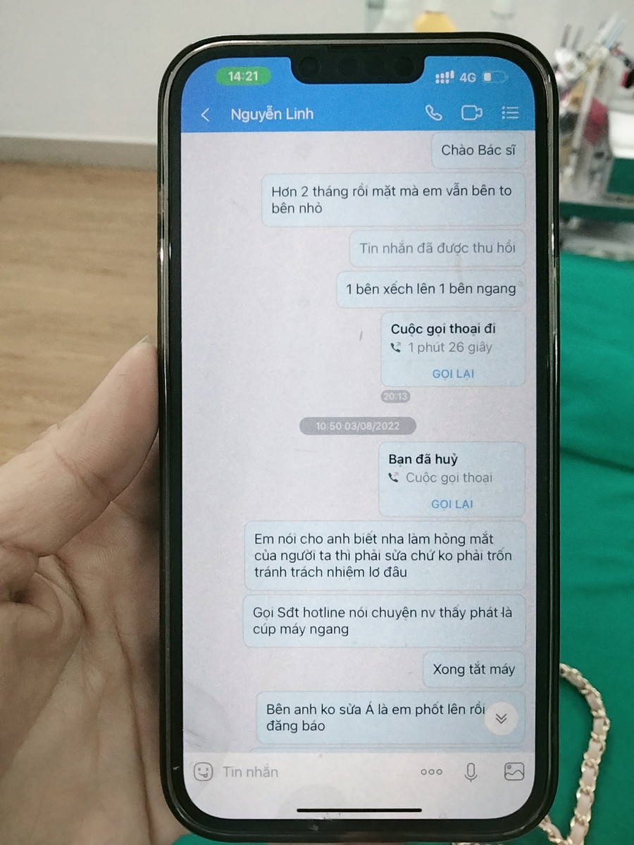 Những tin nhắn chị Thúy nhắn cho cơ sở thẩm mỹ 108 nhưng không được phản hồi. Ảnh: Chị Thúy cung cấp