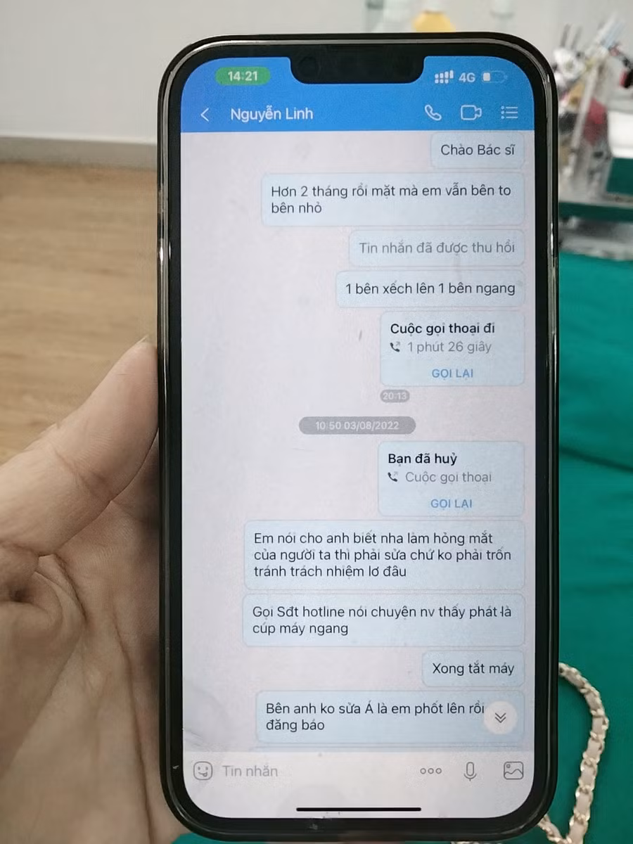 Những tin nhắn chị Thúy nhắn cho cơ sở thẩm mỹ 108 nhưng không được phản hồi. Ảnh: Chị Thúy cung cấp