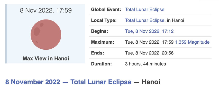 Thời điểm xem nguyệt thực toàn phần tại Hà Nội. Ảnh: Date and Time
