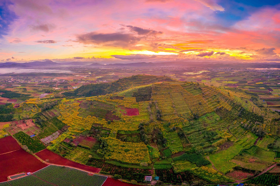 Hoàng hôn phủ xuống R'Chai bức tranh cảnh sắc rực rỡ. Màu vàng của hoa dã quỳ tiệp với màu vàng của ánh nắng cuối ngày, cùng màu đỏ bazan, màu xanh của cây lá... khiến không gian R'Chai đẹp không lẫn vào đâu được. Ảnh: Bùi Văn Hải