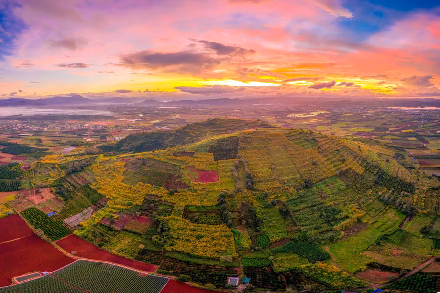 Hoàng hôn phủ xuống R'Chai bức tranh cảnh sắc rực rỡ. Màu vàng của hoa dã quỳ tiệp với màu vàng của ánh nắng cuối ngày, cùng màu đỏ bazan, màu xanh của cây lá... khiến không gian R'Chai đẹp không lẫn vào đâu được. Ảnh: Bùi Văn Hải