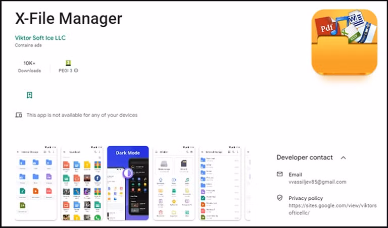 X-File Manager của Victor Soft Ice LLC là một trong những phần mềm độc hại phân phối trojan Sharkbot. Ảnh: Chụp màn hình