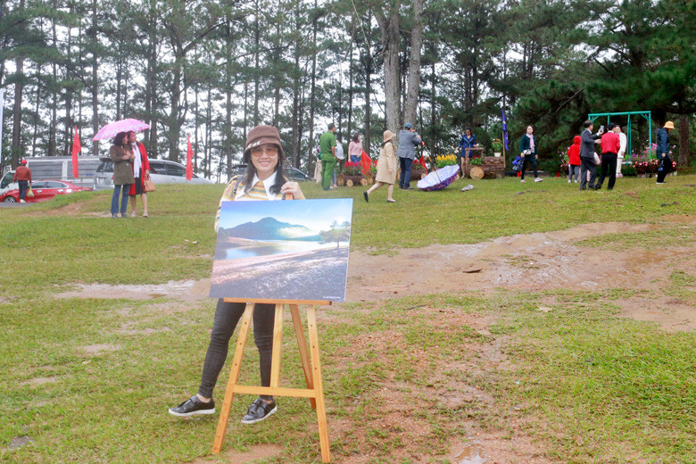  Du khách thích thú chụp ảnh với các tác phẩm ảnh về cỏ hồng