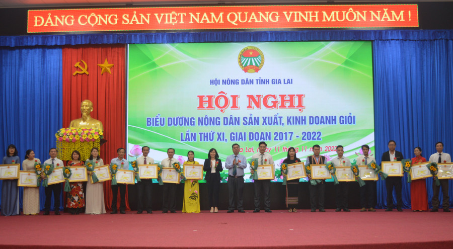 Phó Chủ tịch UBND tỉnh Kpă Thuyên và Phó Ban Dân vận Tỉnh ủy Vũ Thị Thu trao bằng khen của Chủ tịch UBND tỉnh cho các tập thể. Ảnh: Anh Huy