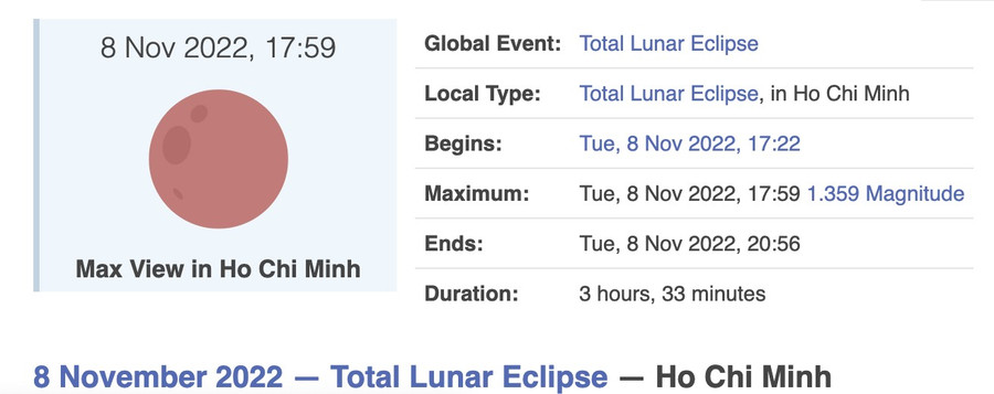 Thời điểm xem nguyệt thực toàn phần tại Thành phố Hồ Chí Minh. Ảnh: Date and Time