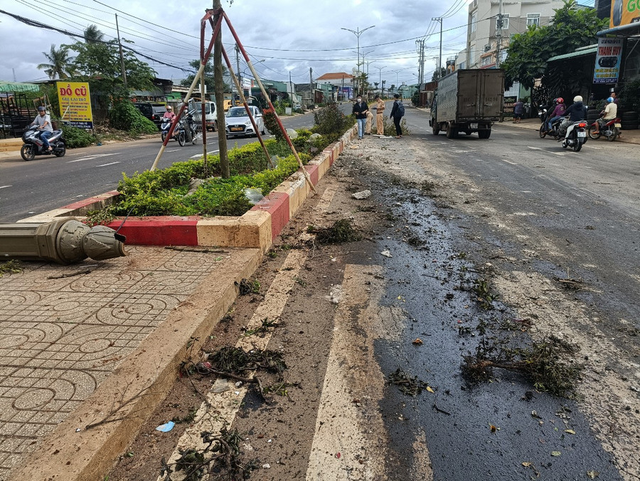 Xe tải bị nổ lốp lao lên dải phân cách khoảng 100 m đã đâm nhiều trụ đèn chiếu sáng và cây cối. Ảnh: RÔ HOK 