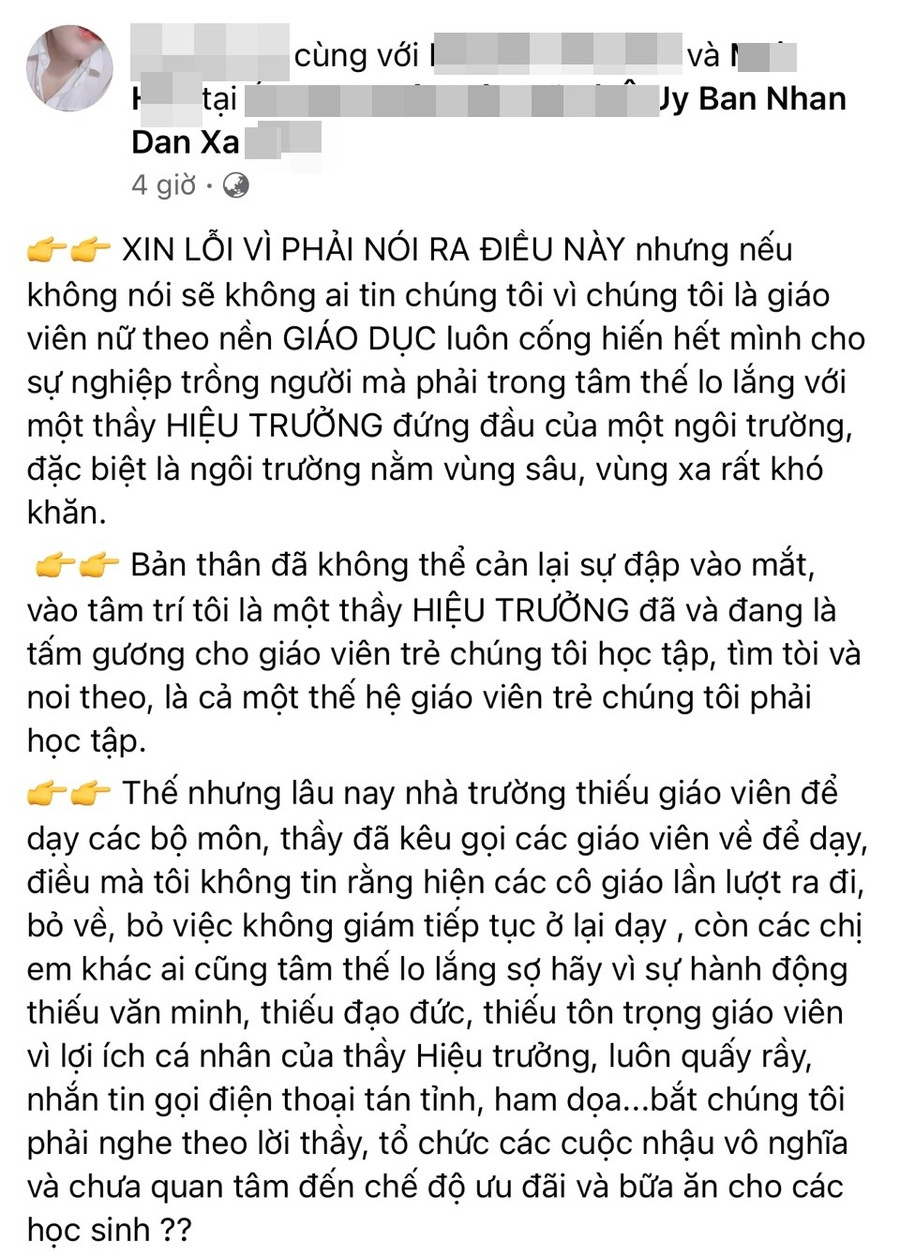 Bài đăng của chủ tài khoản H.M tố hiệu trưởng không đứng đắn là sai sự thật. Ảnh: Chụp màn hình