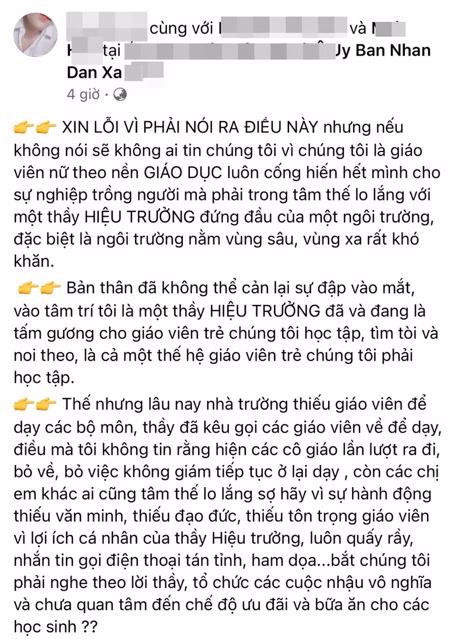 Bài đăng của chủ tài khoản H.M tố hiệu trưởng không đứng đắn là sai sự thật. Ảnh: Chụp màn hình