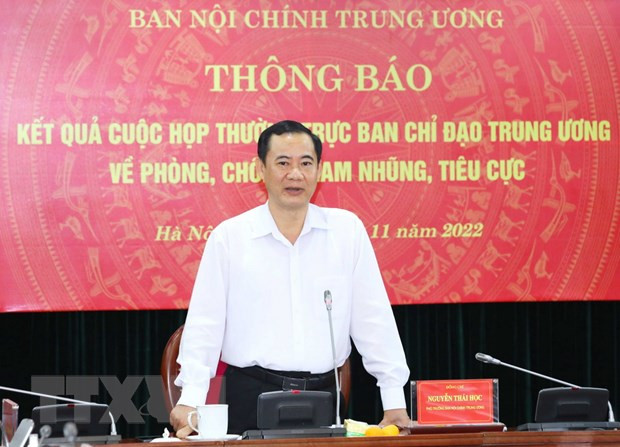 Ông Nguyễn Thái Học, Phó Ban Nội chính Trung ương thông báo kết quả cuộc họp. (Ảnh: Phương Hoa/TTXVN) Ông Nguyễn Thái Học, Phó Ban Nội chính Trung ương thông báo kết quả cuộc họp. (Ảnh: Phương Hoa/TTXVN)