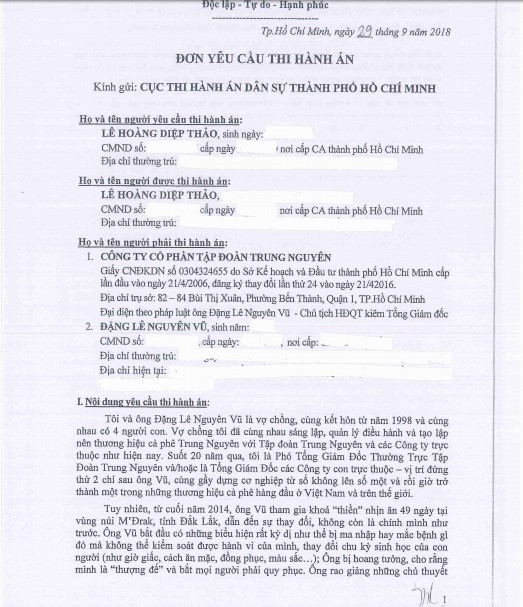 Đơn yêu cầu thi hành án của bà Lê Hoàng Diệp Thảo (Ảnh: Q.H)