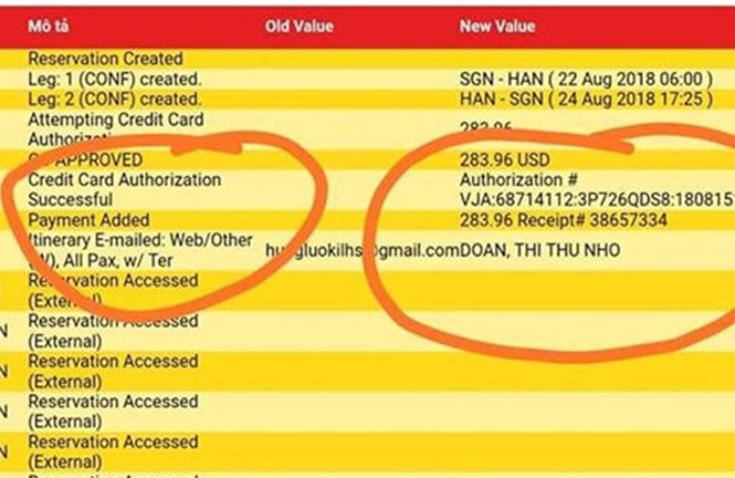 Một hình ảnh thanh toán vé bằng thẻ visa giả từ Đài Loan, số tiền thanh toán tính bằng tiền đô la T.T