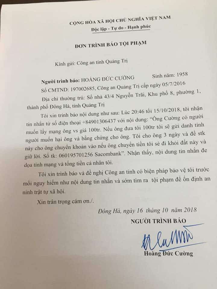 Đơn trình báo sự việc của ông Hoàng Đức Cường – Chánh Văn phòng Đoàn đại biểu Quốc hội tỉnh Quảng Trị.
