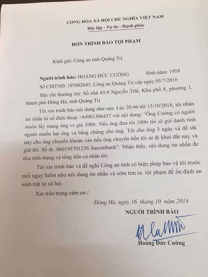 Đơn trình báo sự việc của ông Hoàng Đức Cường – Chánh Văn phòng Đoàn đại biểu Quốc hội tỉnh Quảng Trị.