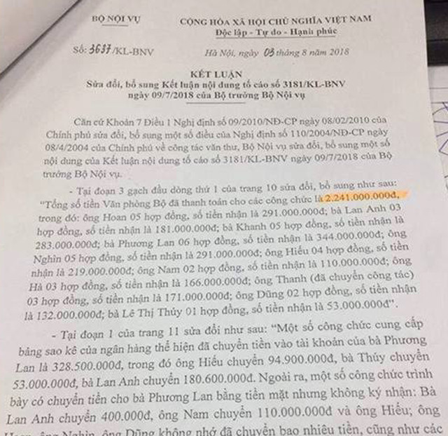 Tháng 8.2018, Bộ Nội vụ có Kết luận số 3637/KL-BNV sửa đổi, bổ sung Kết luận nội dung tố cáo số 3181/KL-BNV ngày 9.7.2018 của Bộ trưởng Bộ Nội vụ.