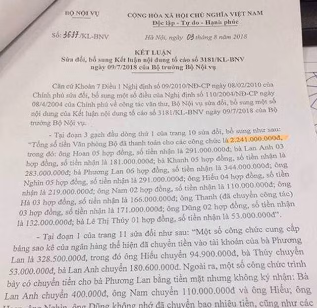 Tháng 8.2018, Bộ Nội vụ có Kết luận số 3637/KL-BNV sửa đổi, bổ sung Kết luận nội dung tố cáo số 3181/KL-BNV ngày 9.7.2018 của Bộ trưởng Bộ Nội vụ.