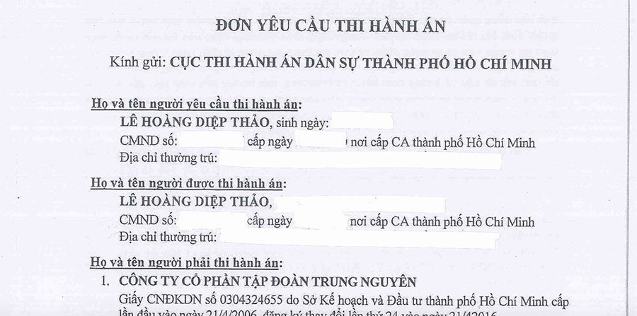 Đơn yêu cầu thi hành án của bà Diệp Thảo gửi Cục Thi hành án Dân sự TP.HCM Đơn yêu cầu thi hành án của bà Diệp Thảo gửi Cục Thi hành án Dân sự TP.HCM