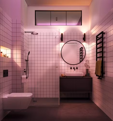  Ánh sáng màu mặc cho phòng tắm một chiếc áo khác vào ban đêm.